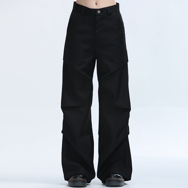 American Retro Pleated Black Casual Pants for Women - Niche Loose Straight Wide-Leg Design, Vintage Style, Comfortable Fit
