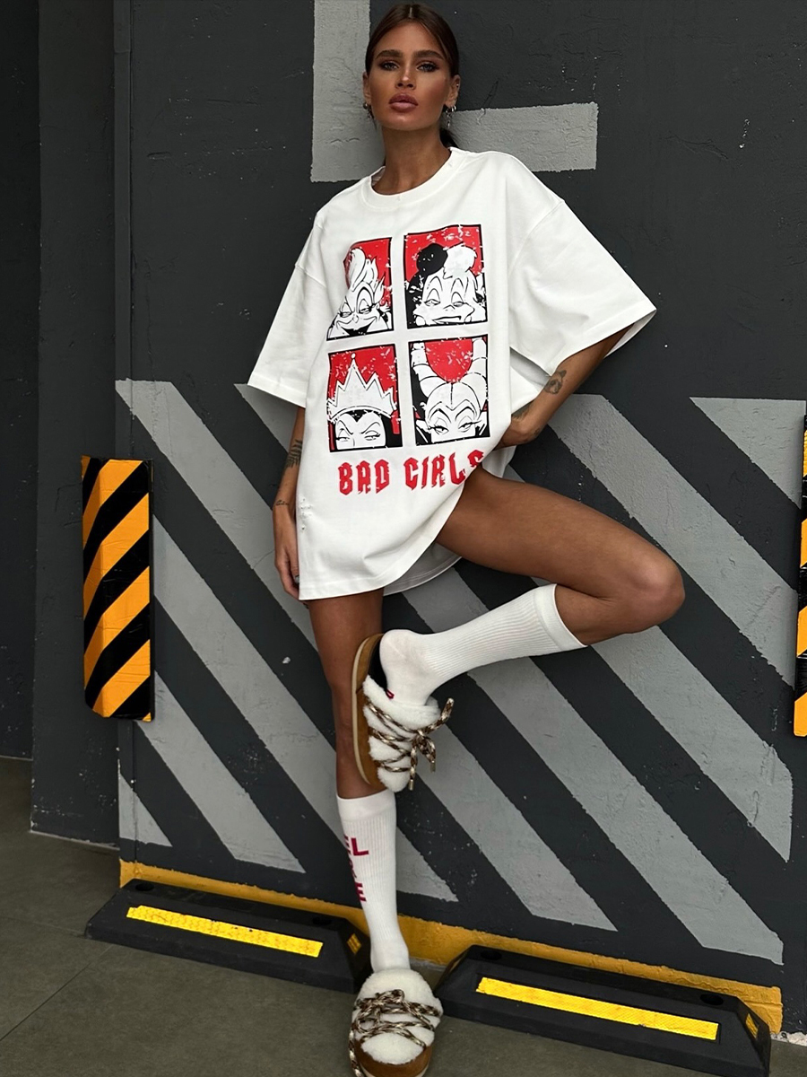 American Retro Quirky Cartoon Mermaid Sea Monster Print Oversized Short Sleeve T-Shirt for Women - Y2K Hot Girl Style