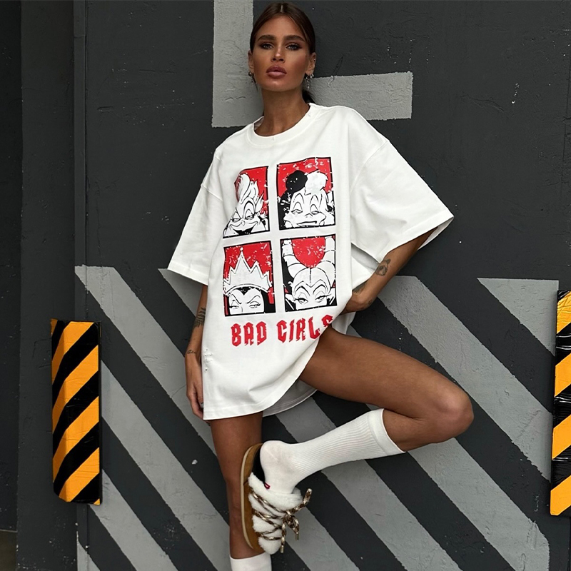 American Retro Quirky Cartoon Mermaid Sea Monster Print Oversized Short Sleeve T-Shirt for Women - Y2K Hot Girl Style