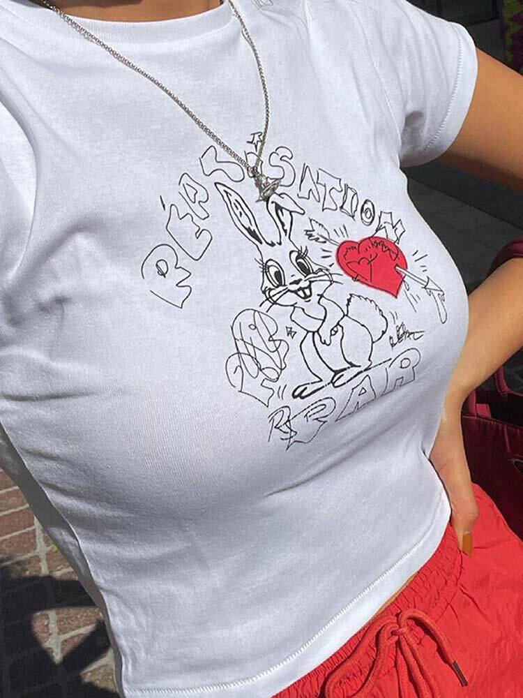 American Retro Rabbit Graphic White Short Sleeve Crop T-Shirt for Women - Summer Y2K Style ABG Hot Girl Top