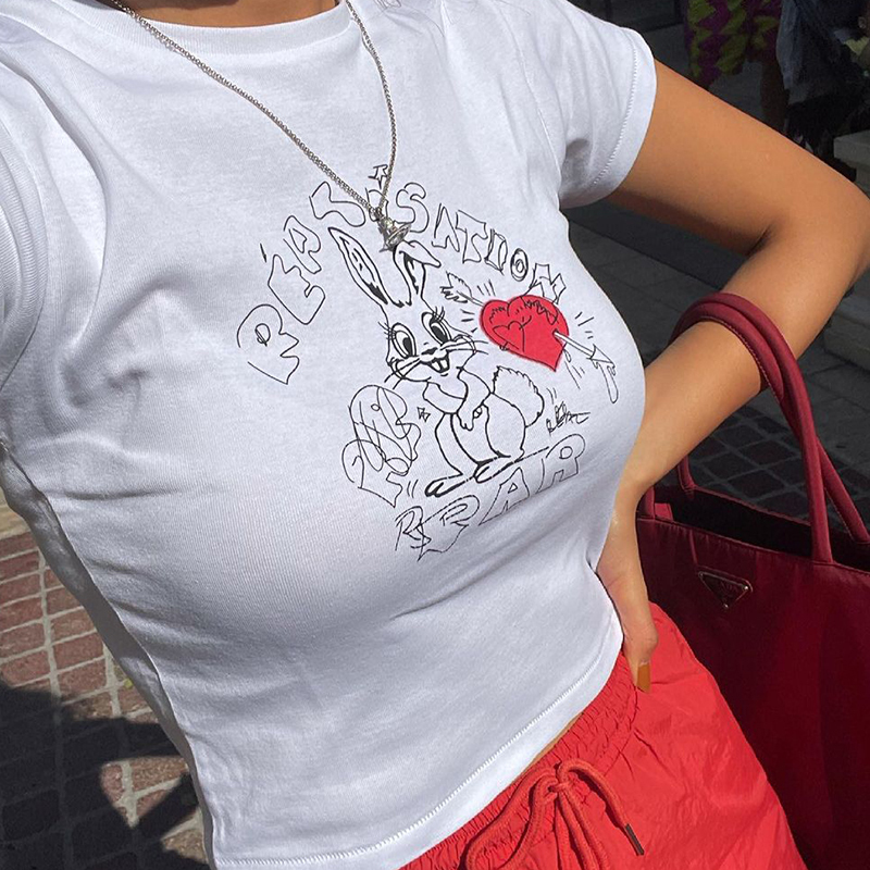American Retro Rabbit Graphic White Short Sleeve Crop T-Shirt for Women - Summer Y2K Style ABG Hot Girl Top