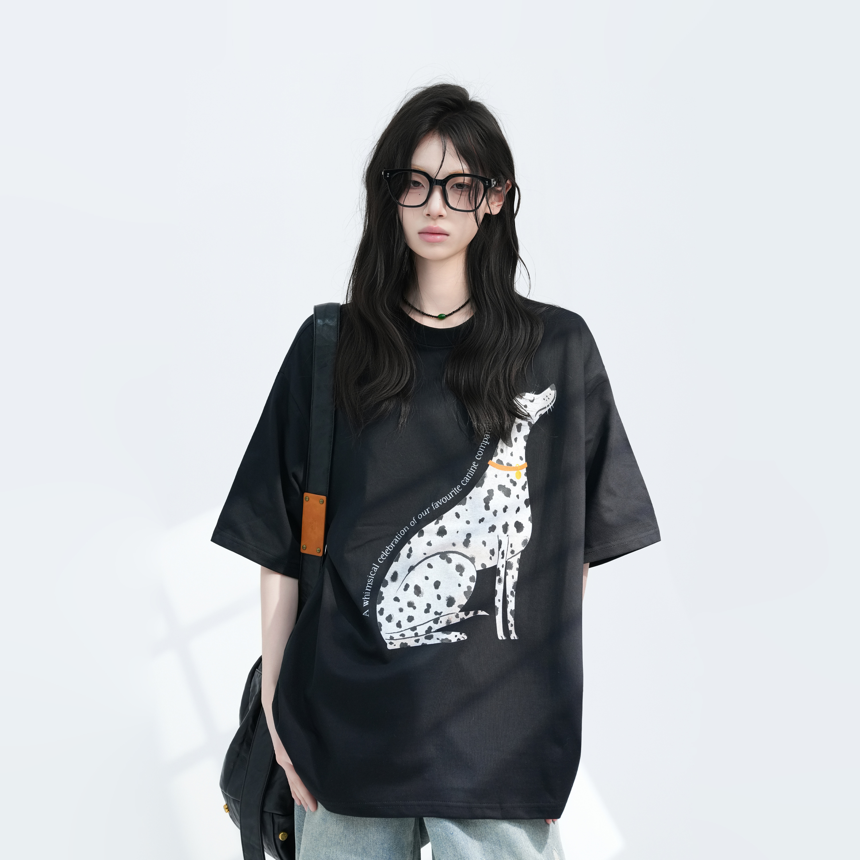 American Retro Spotted Dog Short Sleeve T-Shirt for Women - Loose Fit Heavyweight Summer Tee, Casual 90s Style Top