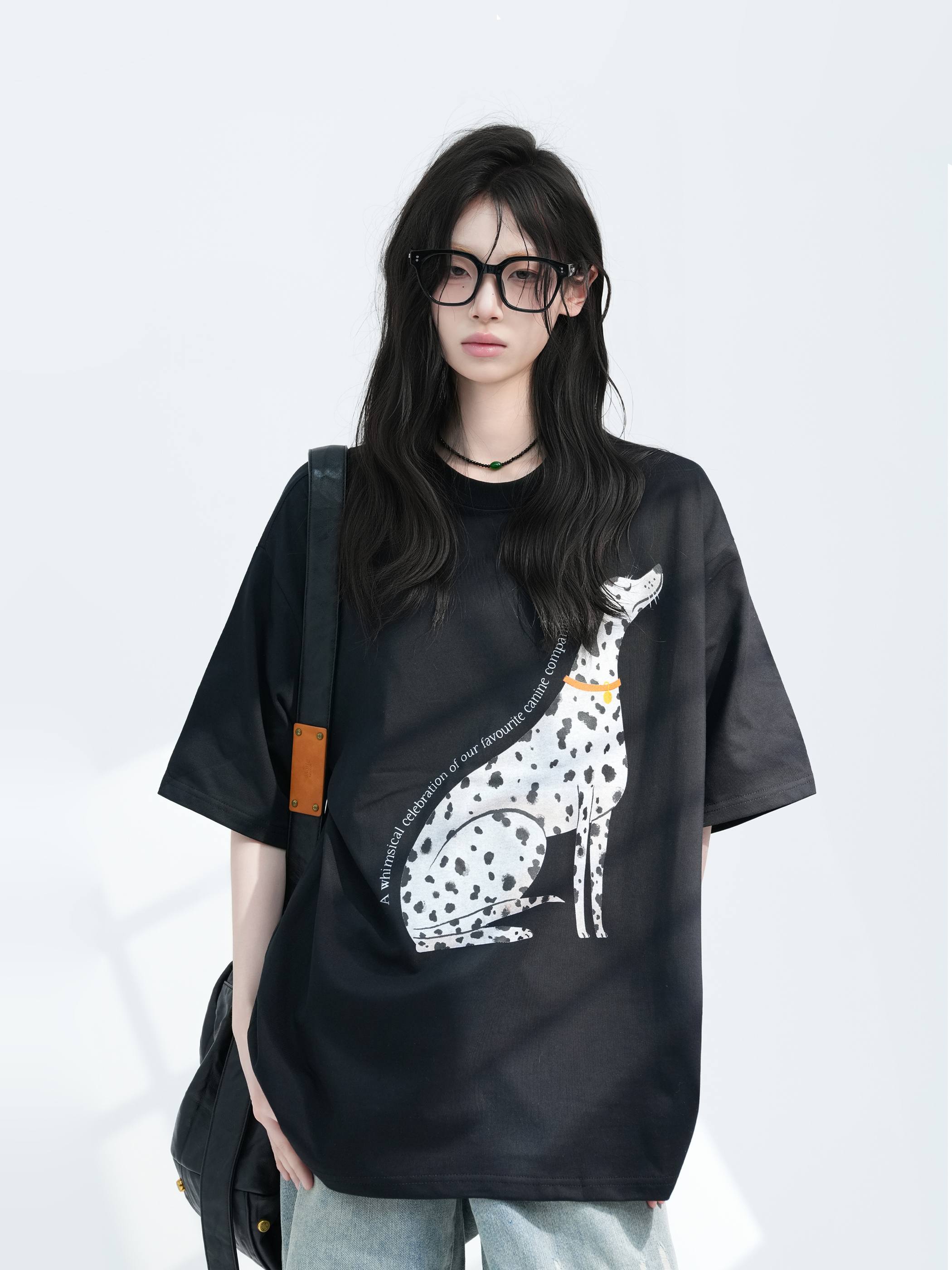 American Retro Spotted Dog Short Sleeve T-Shirt for Women - Loose Fit Heavyweight Summer Tee, Casual 90s Style Top