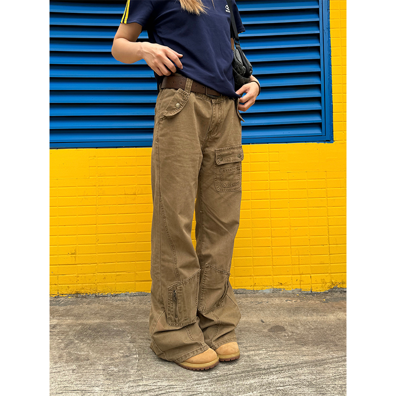 American Retro Straight-Leg Micro-Flare Work Pants for Men and Women, Multi-Pocket Street Style Spliced Long Pants