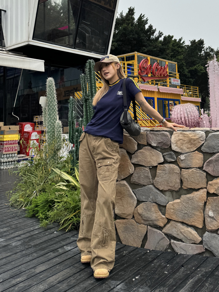 American Retro Straight-Leg Micro-Flare Work Pants for Men and Women, Multi-Pocket Street Style Spliced Long Pants