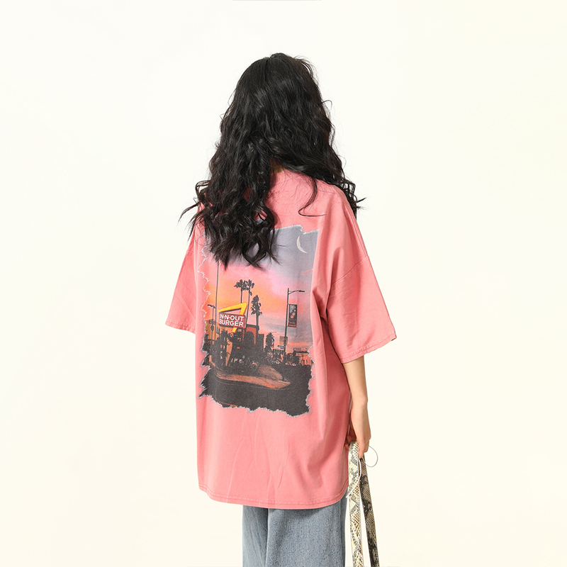 American Retro Street Scenery Printed Short-Sleeve T-Shirt for Men and Women - Loose Versatile Summer Couple Top