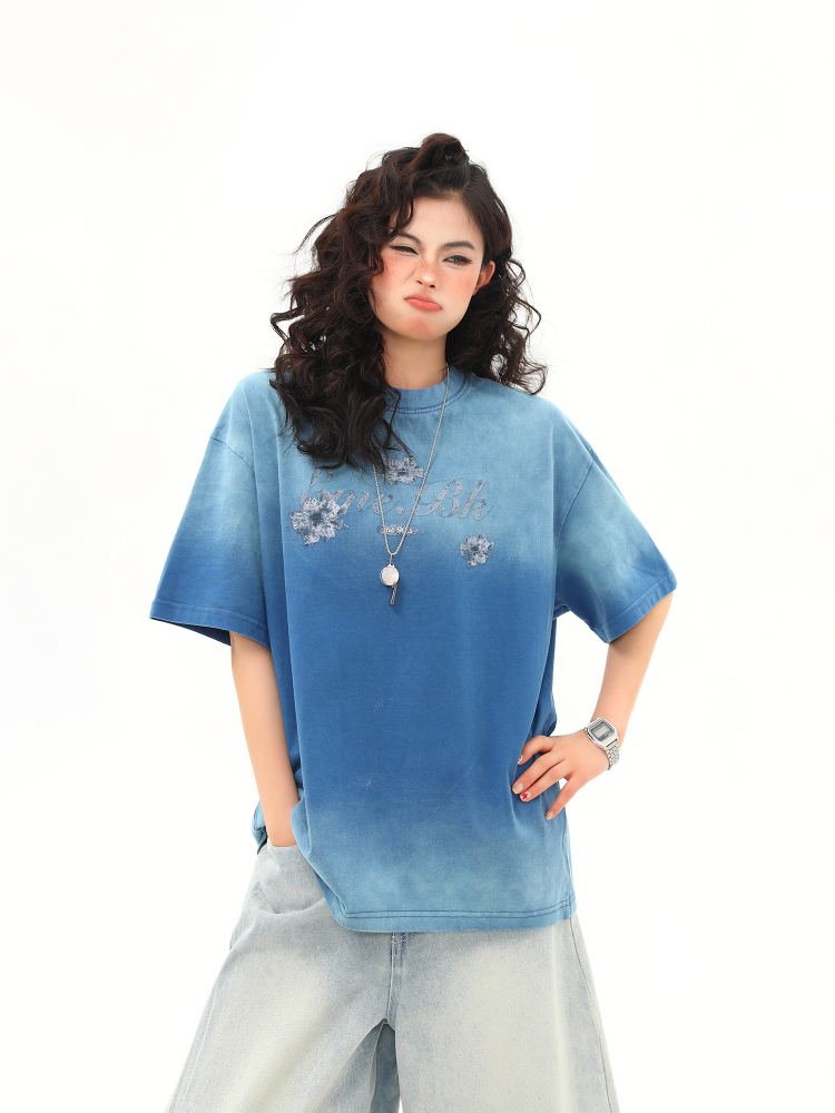 American Retro Washed Gradient Heavyweight Short-Sleeve T-Shirt for Women - Summer Versatile Loose Fit Top, Y2K Style