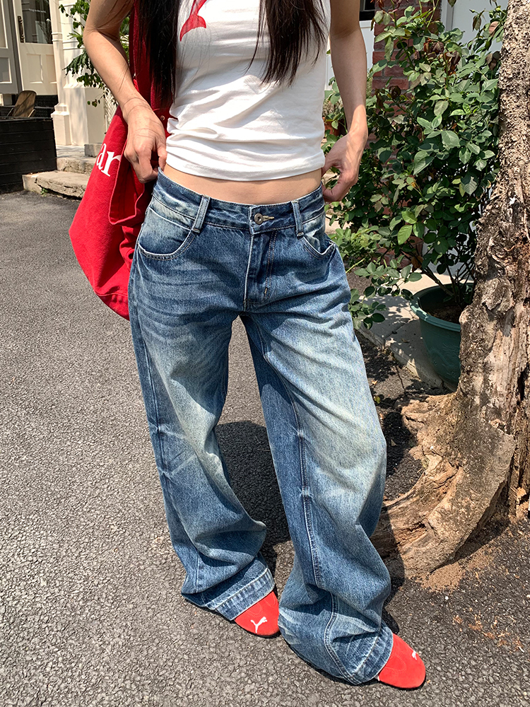American Retro Washed Ripple Design Denim Pants for Men and Women - Loose Casual Versatile Wide-Leg Straight Long Trousers