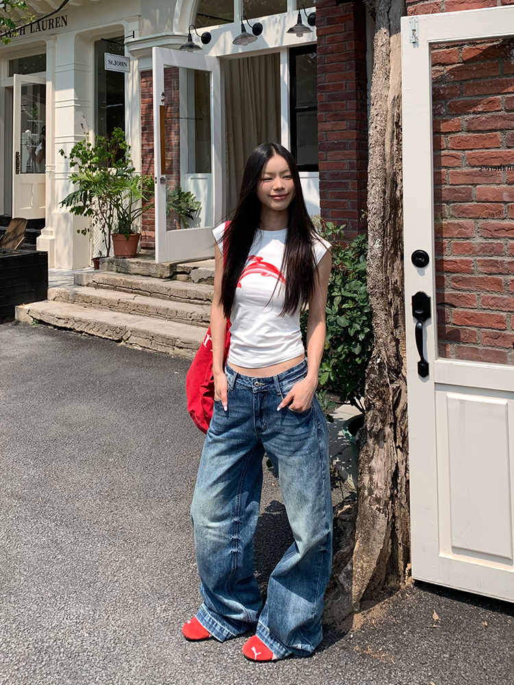 American Retro Washed Ripple Design Denim Pants for Men and Women - Loose Casual Versatile Wide-Leg Straight Long Trousers