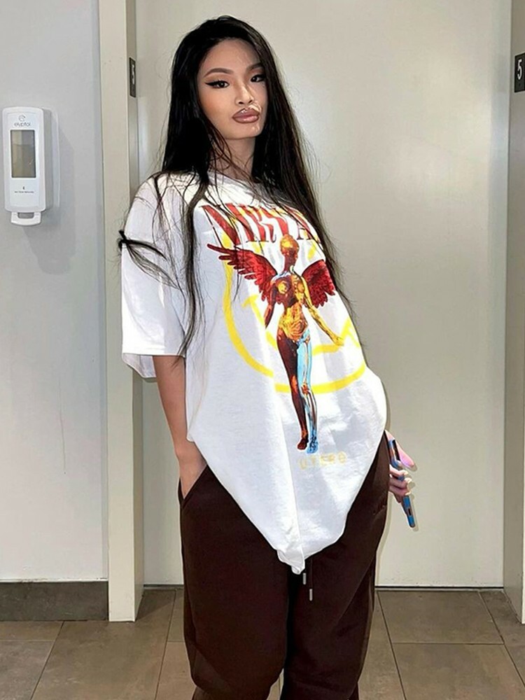 American Retro White Angel Oversized Short Sleeve T-Shirt for Women - Niche Design Spicy Girl Top, 90s Style