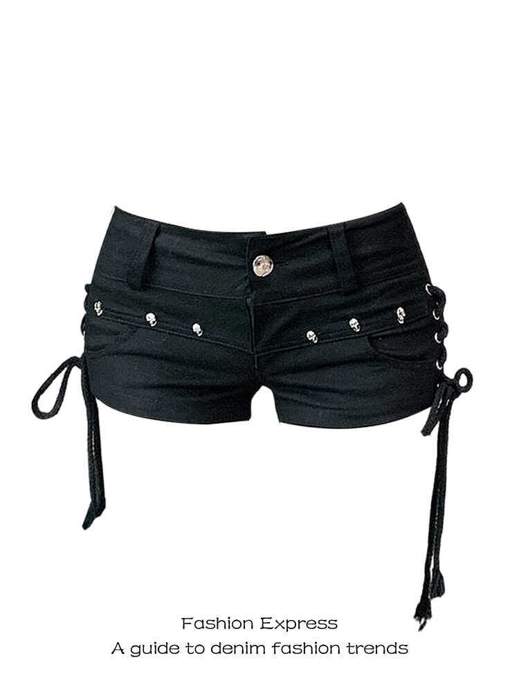 American Style Black Denim Ultra-Short Shorts with Strap Design - Slimming Body-Hugging Trendy Hot Pants for a Sexy Look