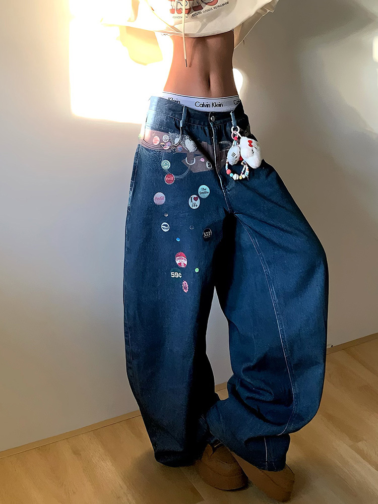 American Style Fun Badge Printed Denim Pants - Loose Wide-Leg Straight Trousers for Men and Women - 90s Y2K Fashion