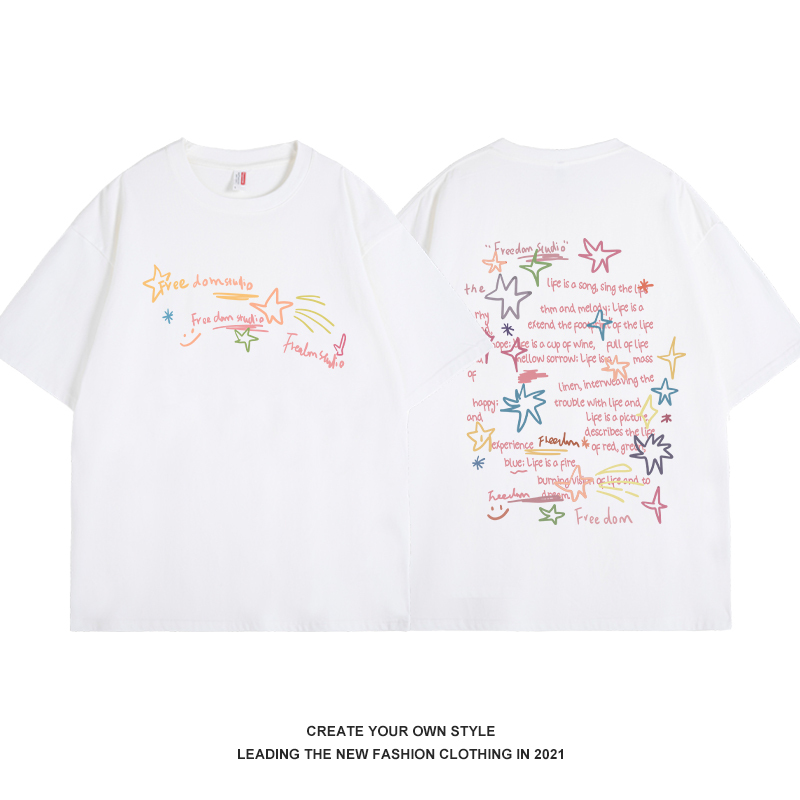 American Style Graffiti Star Letter Pure Cotton Short Sleeve T-Shirt for Women - Versatile Summer 2025 Top