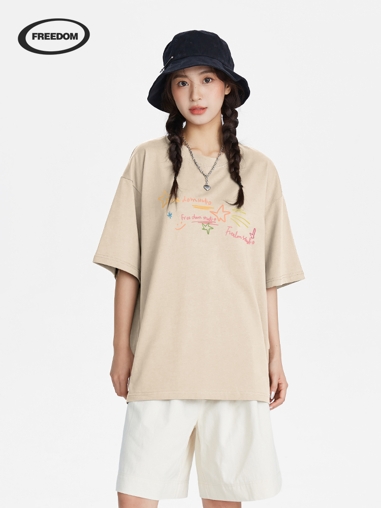 American Style Graffiti Star Letter Pure Cotton Short Sleeve T-Shirt for Women - Versatile Summer 2025 Top