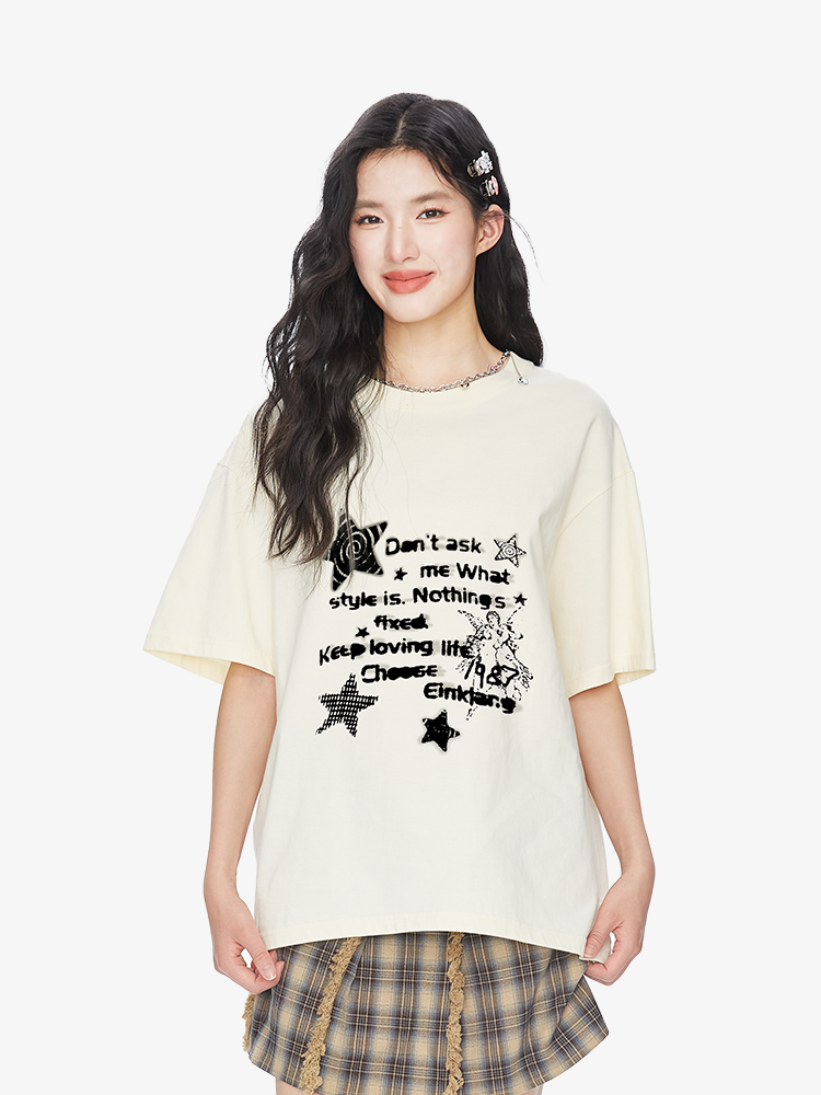 American Style Star Letter Oversized Cotton Short Sleeve Women's Summer Top - Sweet Cool Casual Couple Tee