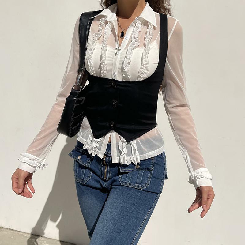 American Vintage Black Button Vest for Women - Versatile Waist-Defining Slim Top in Y2K Style
