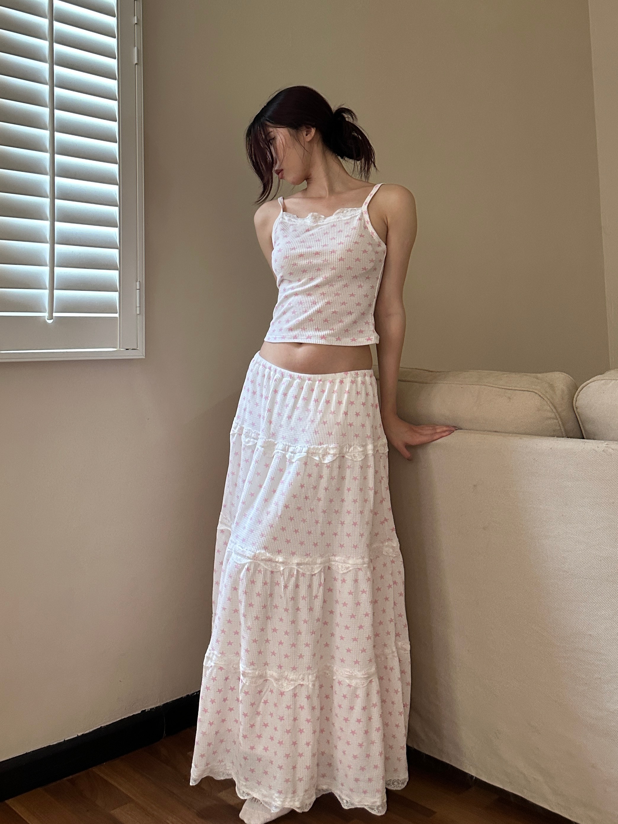 American Vintage Cake Fairy Holiday Loose Long Skirt Set with Elastic Waist and Star Polka Dot Design - Perfect for Y2K Style
