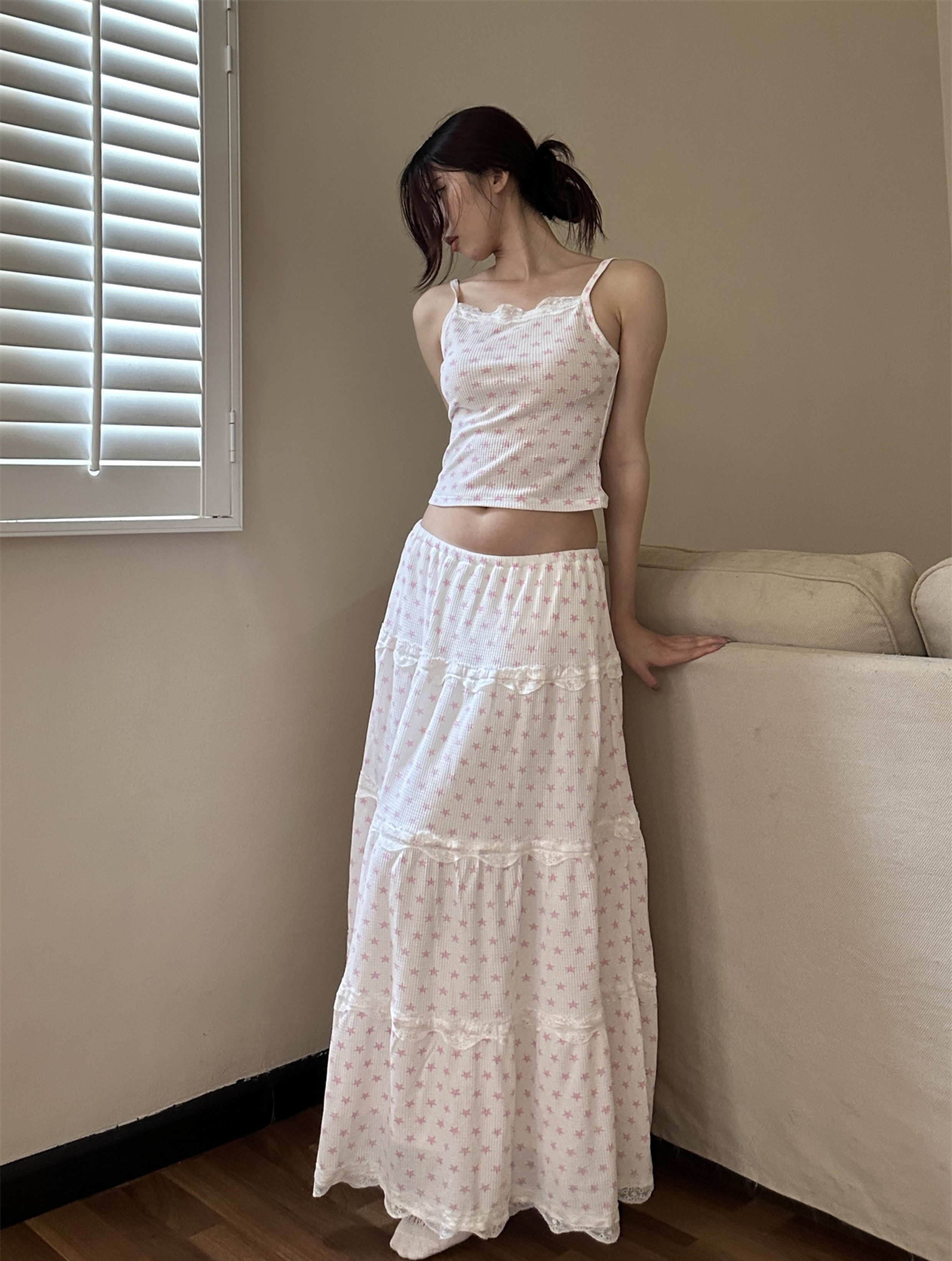 American Vintage Cake Fairy Holiday Loose Long Skirt Set with Elastic Waist and Star Polka Dot Design - Perfect for Y2K Style