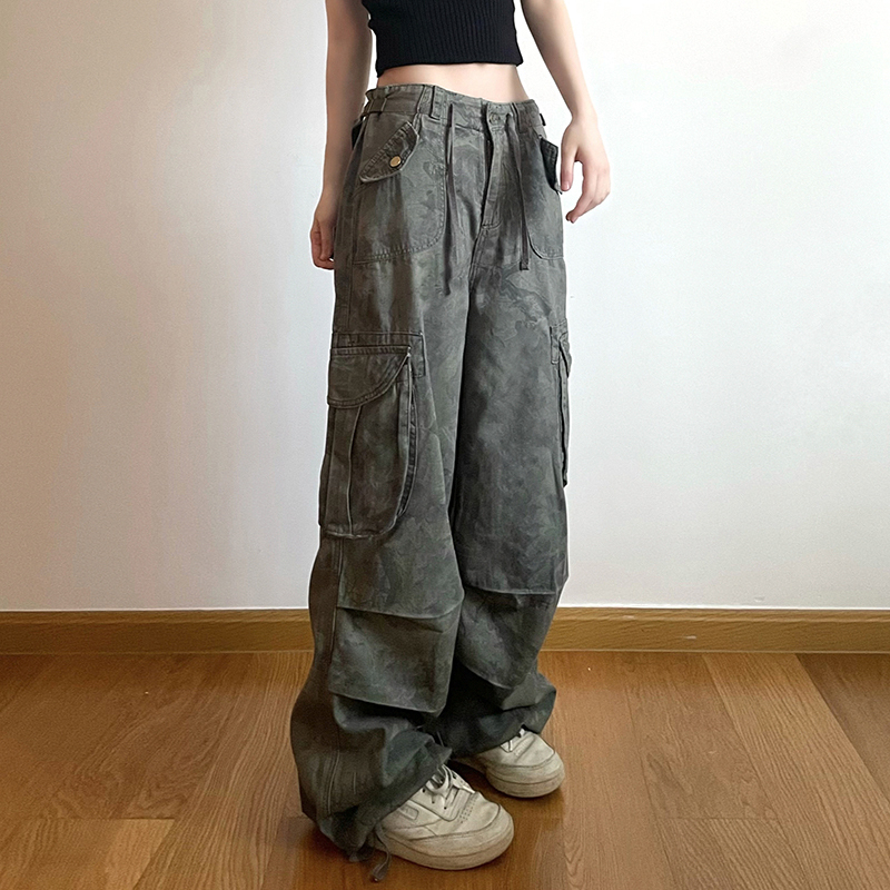 American Vintage Camouflage Cargo Pants for Women - Hip-Hop Inspired Loose Fit Denim Casual Trousers, Versatile and Stylish