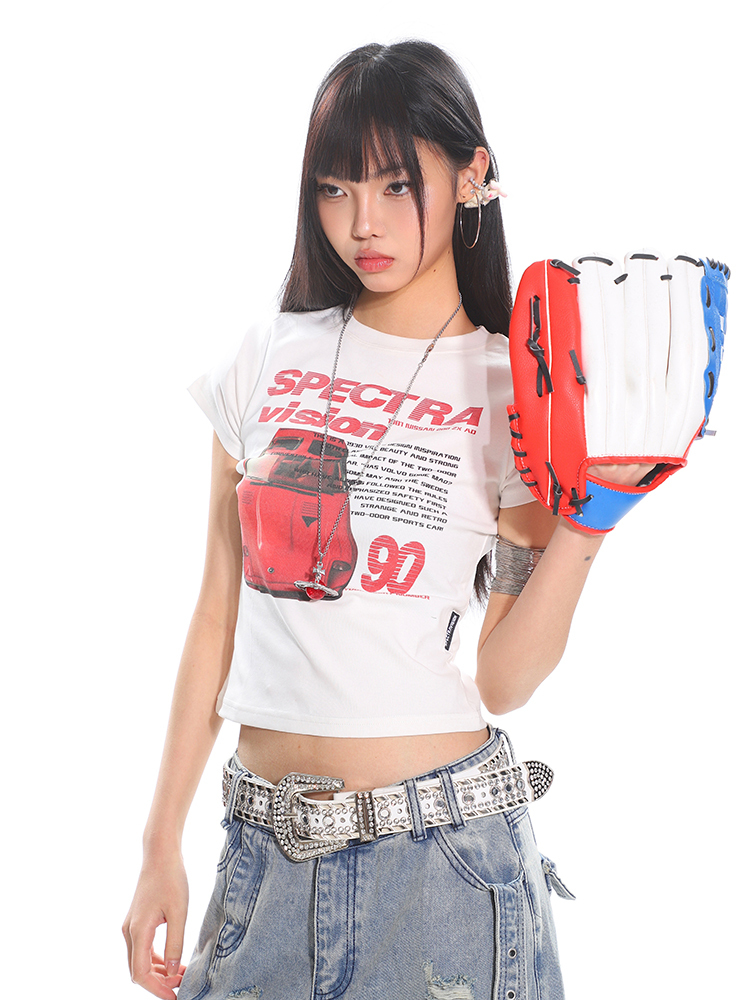 American Vintage Car Print Women's Summer Slim Fit Short Sleeve T-Shirt - High Elastic, Comfortable, Retro Style