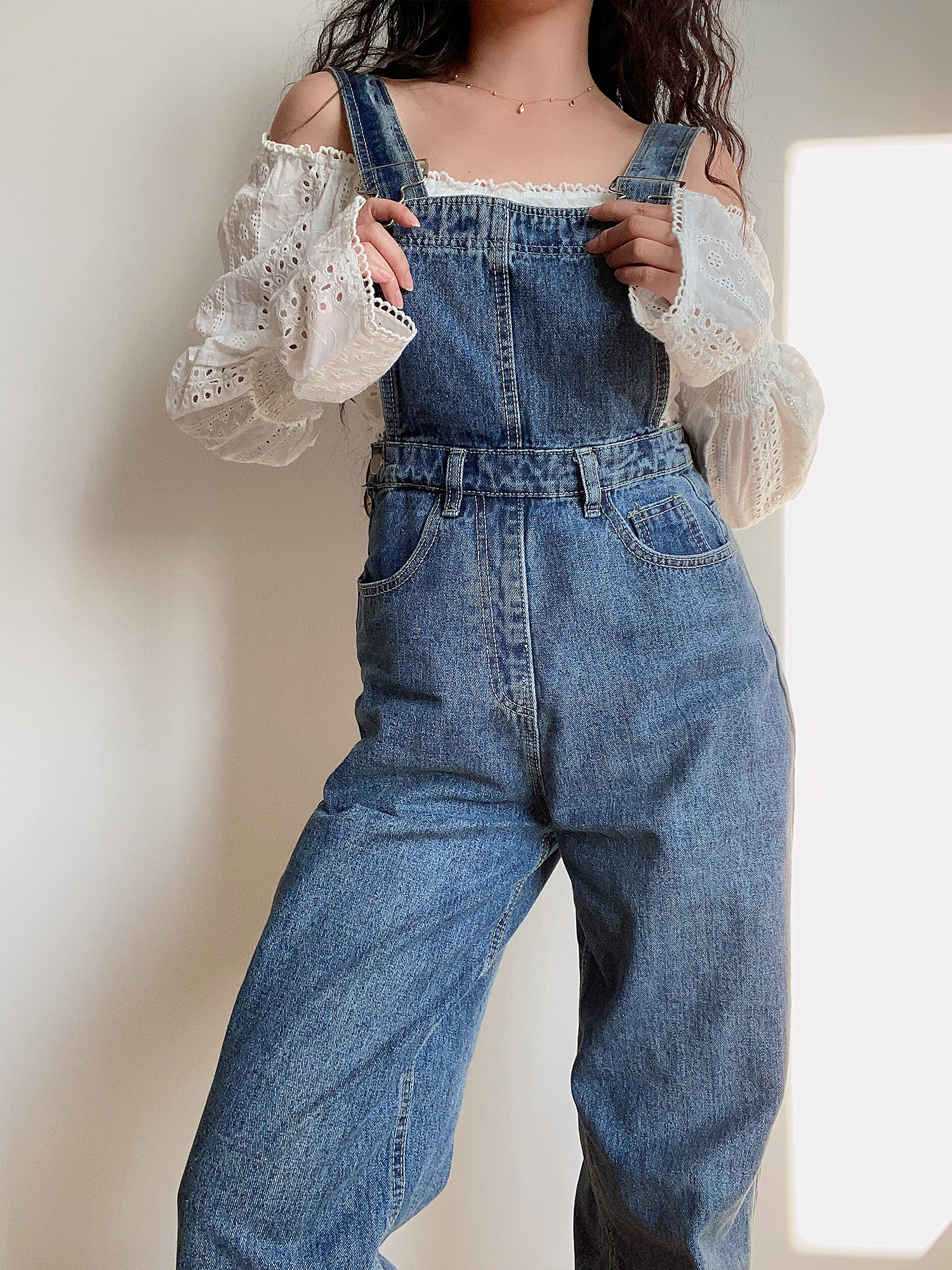 American Vintage Casual Loose Fit Suspender Straight Leg Jeans for Women - Versatile Vintage Style Pants