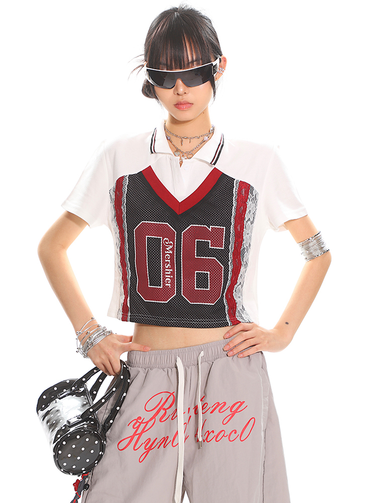 American Vintage Lace Digital Polo Collar Top - Women's Summer Short Sleeve Casual Sports T-Shirt