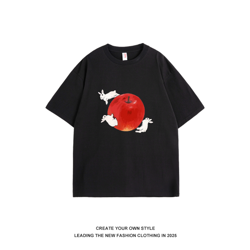 American Vintage Oil Painting Apple Print Short Sleeve T-Shirt for Women - Trendy Loose Cotton Top for Summer 2025
