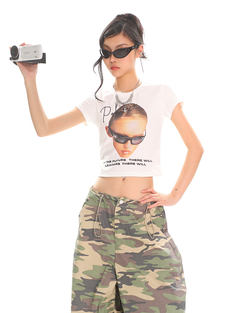 American Vintage Portrait Print Short Sleeve T-Shirt for Women - Slim Fit Summer Top, Y2K Style, Hot Girl Fashion