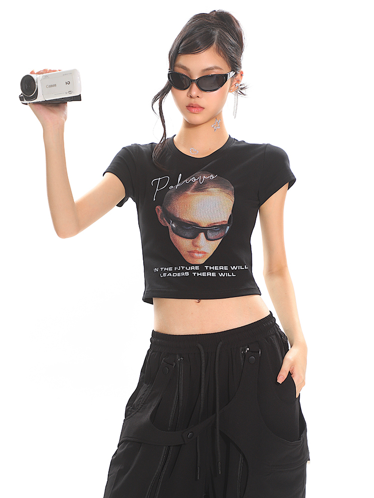 American Vintage Portrait Print Short Sleeve T-Shirt for Women - Slim Fit Summer Top, Y2K Style, Hot Girl Fashion