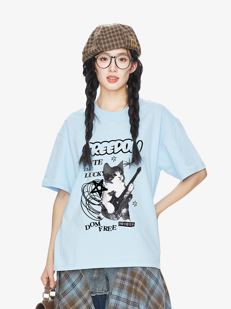American Vintage Rock Cat Print Short Sleeve T-Shirt for Men and Women - Retro 90s Trendy Unisex Graphic Tee