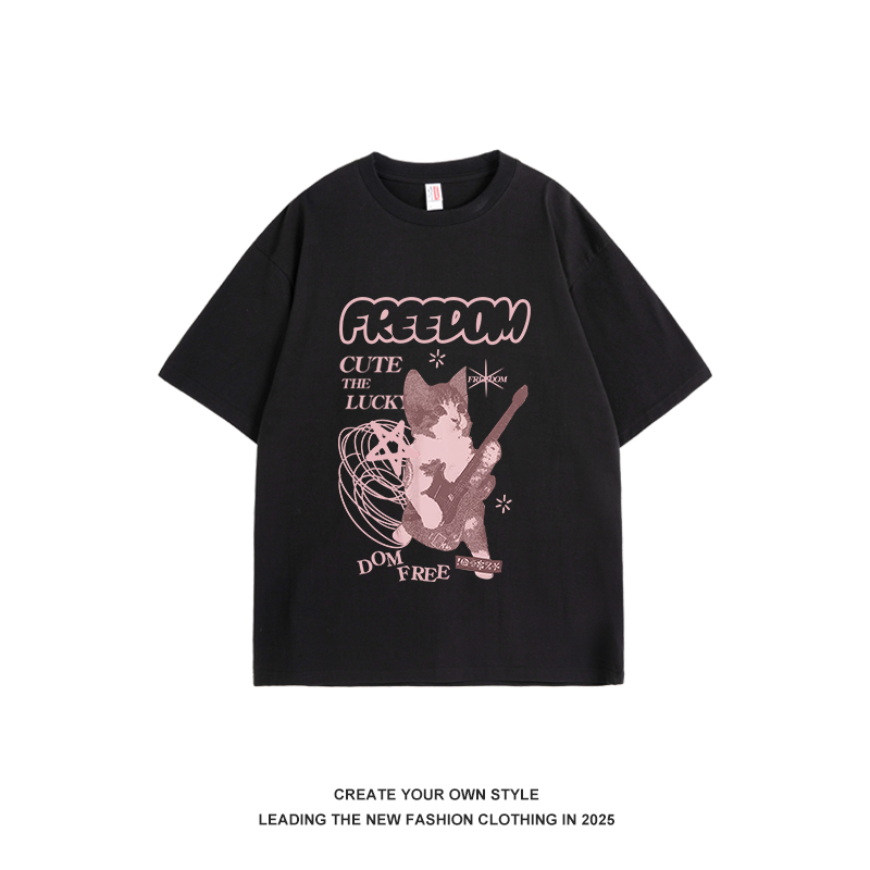 American Vintage Rock Cat Print Short Sleeve T-Shirt for Men and Women - Retro 90s Trendy Unisex Graphic Tee