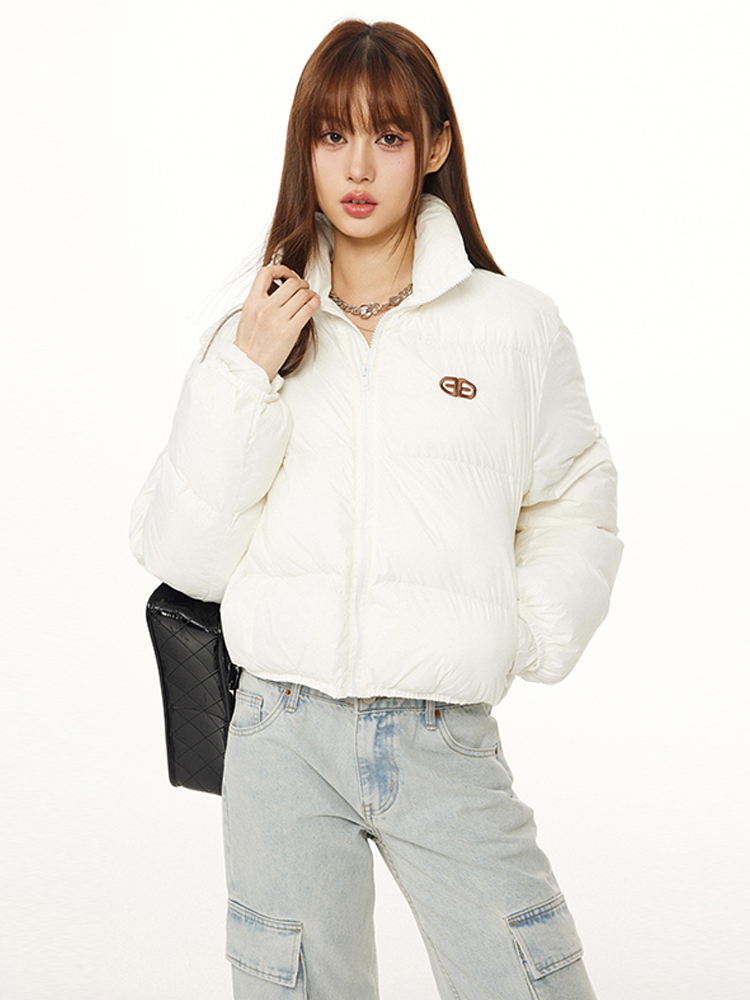 American Vintage Round Letter Stand Collar White Duck Down Winter Jacket - Trendy Small Size Outerwear for Y2K Style