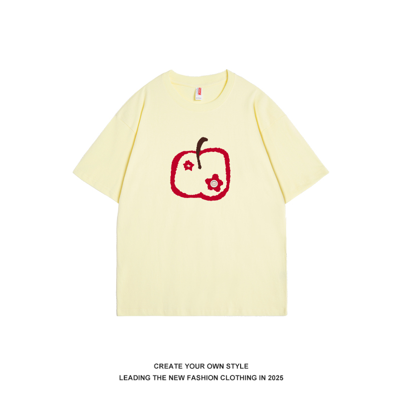 Apple Print Graffiti Short Sleeve T-Shirt for Women - Summer 2025 Pure Cotton Round Neck Top, Trendy Ins Fashion