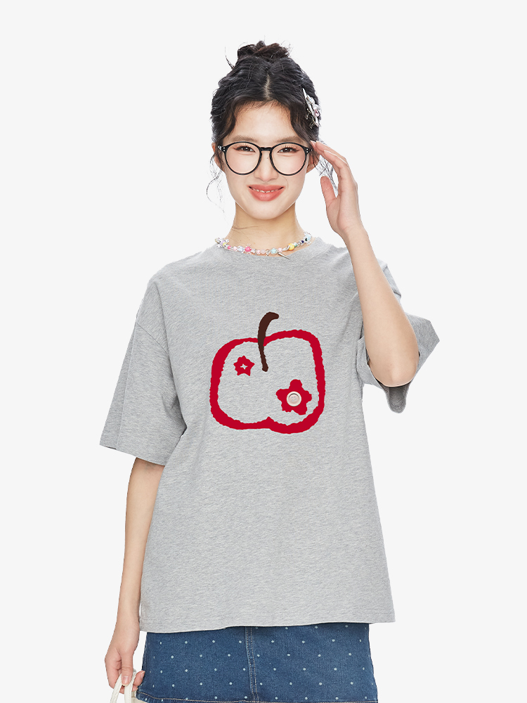 Apple Print Graffiti Short Sleeve T-Shirt for Women - Summer 2025 Pure Cotton Round Neck Top, Trendy Ins Fashion