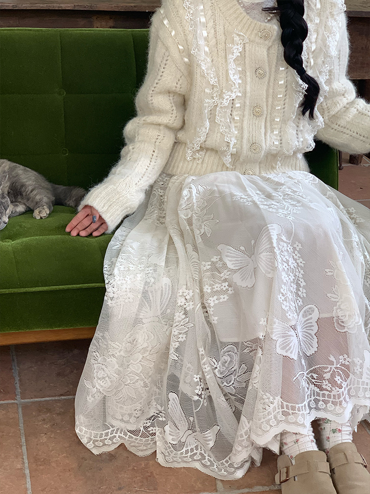 Apricot Butterfly Lace Midi Skirt for Women - Loose A-Line Vintage Style Long Skirt for Autumn and Winter Fashion