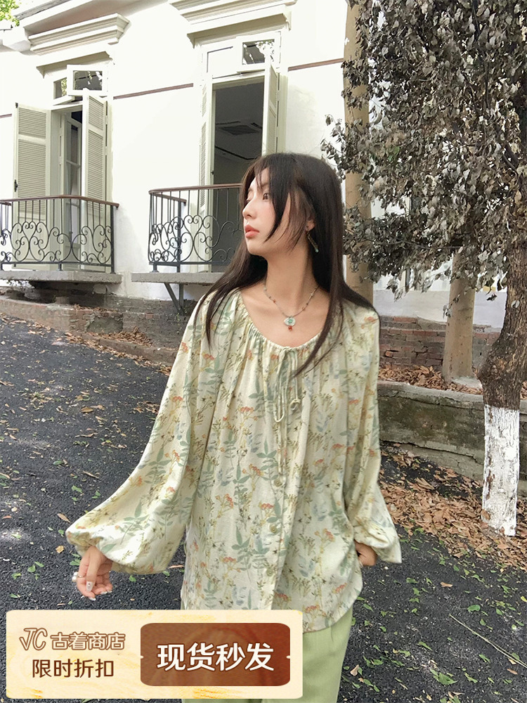 Apricot Retro Linen Shirt for Women - Spring Loose Lantern Sleeve Top in Forest Style, Vintage Herb Rosemary Design