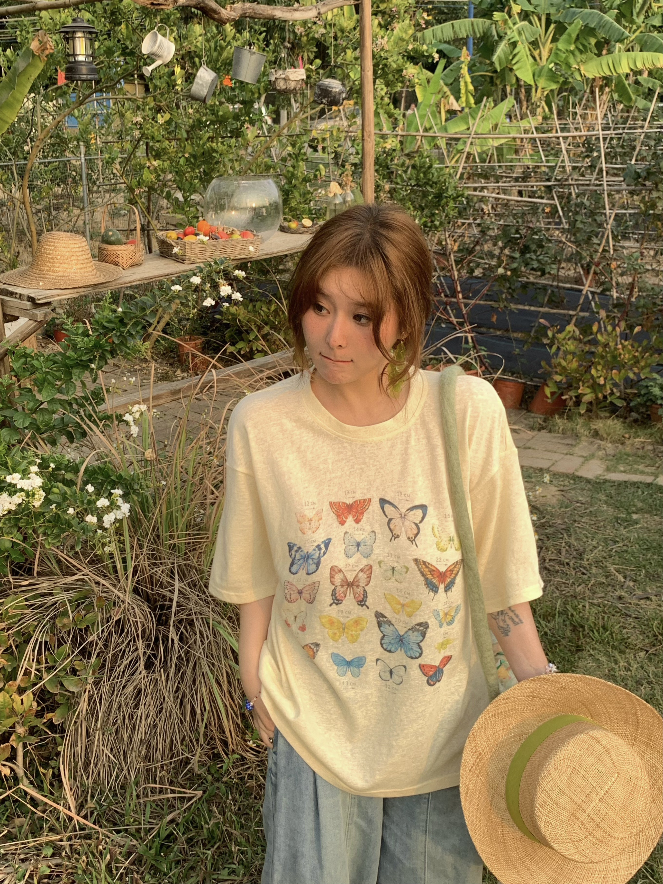 Apricot Yellow Butterfly Print Short Sleeve T-Shirt for Women - Vintage Style Summer Loose Round Neck Top