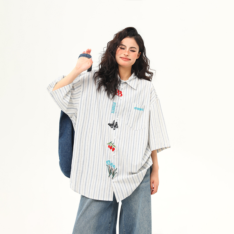 Artistic Embroidered Striped Short Sleeve Shirt for Women - Retro American Style Summer Blouse