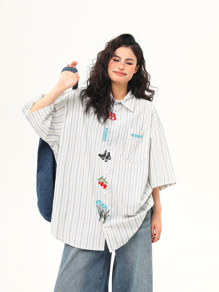 Artistic Embroidered Striped Short Sleeve Shirt for Women - Retro American Style Summer Blouse