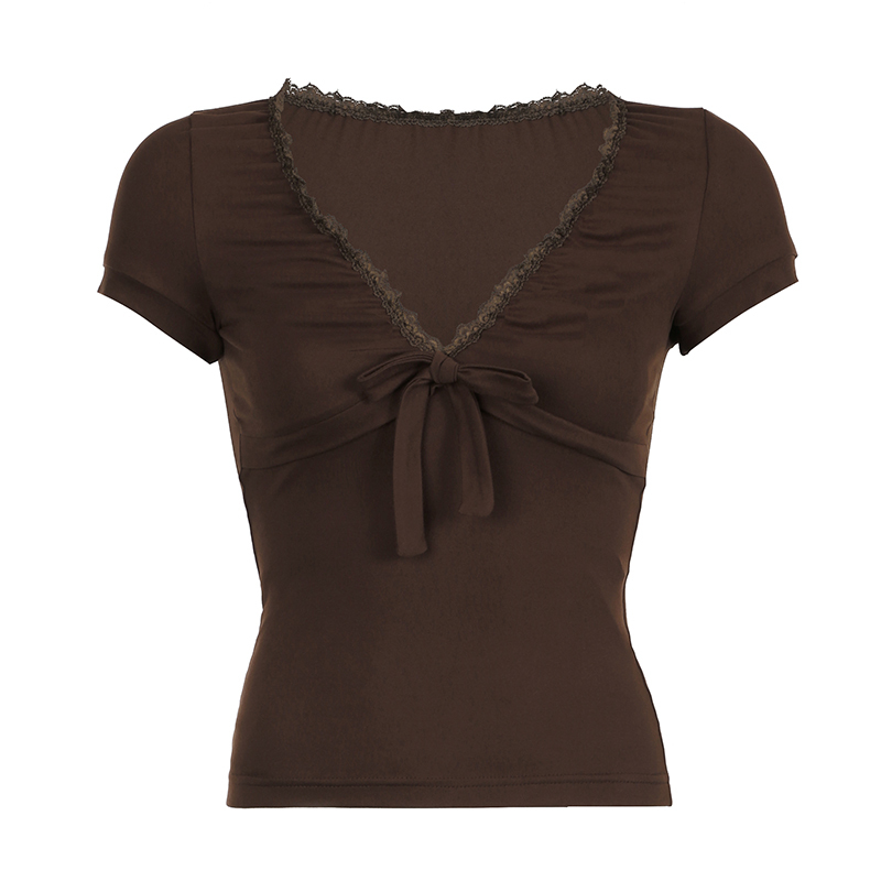 Artistic Vintage Brown Lace Trim Bow Top Women's Summer Retro V-Neck Slim T-Shirt - 90s Inspired Fashion