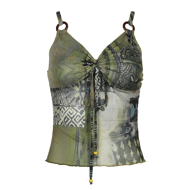 Asymmetrical Vintage Print Tie-Waist Ruched Mesh Camisole for Women - Slim Fit, Midriff-Baring, Versatile Y2K Style Top