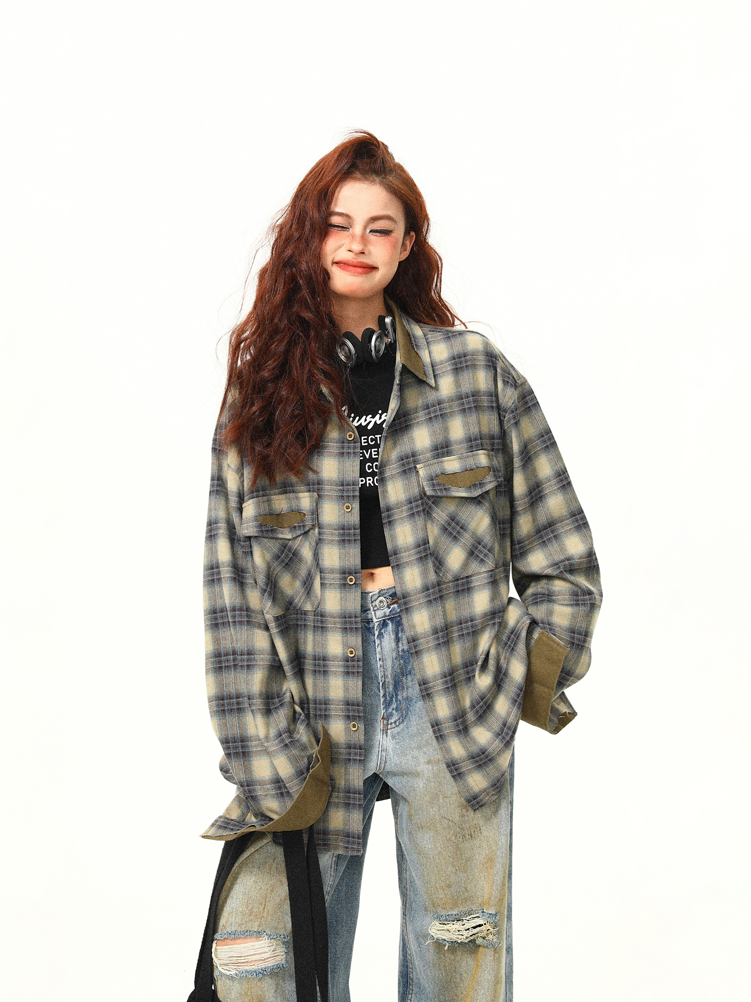Autumn Plaid Color-Block Long Sleeve Shirt for Women - Retro Patchwork Loose Blouse in 90s Style