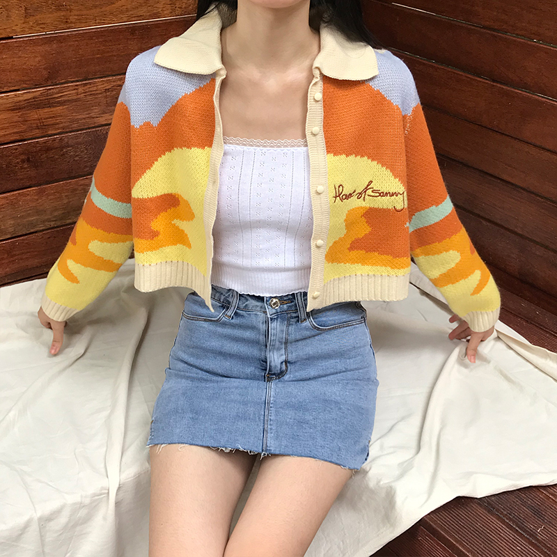 Autumn Vintage Cute Girl Oil Sunset Color Block Lapel Long Sleeve Knitted Cardigan Short Jacket for Y2K and 90s Style