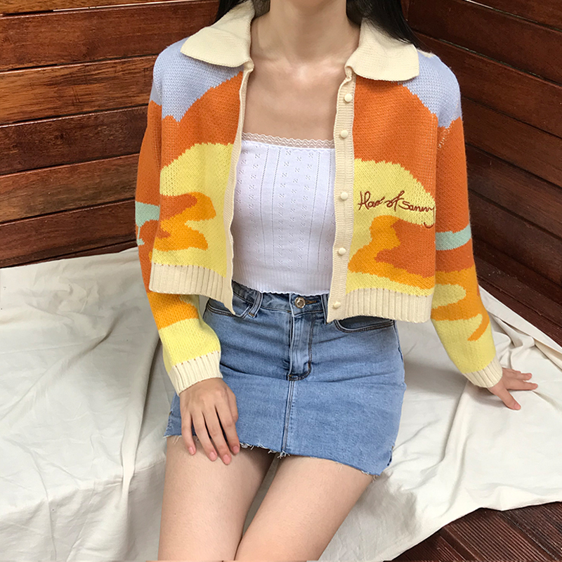Autumn Vintage Cute Girl Oil Sunset Color Block Lapel Long Sleeve Knitted Cardigan Short Jacket for Y2K and 90s Style