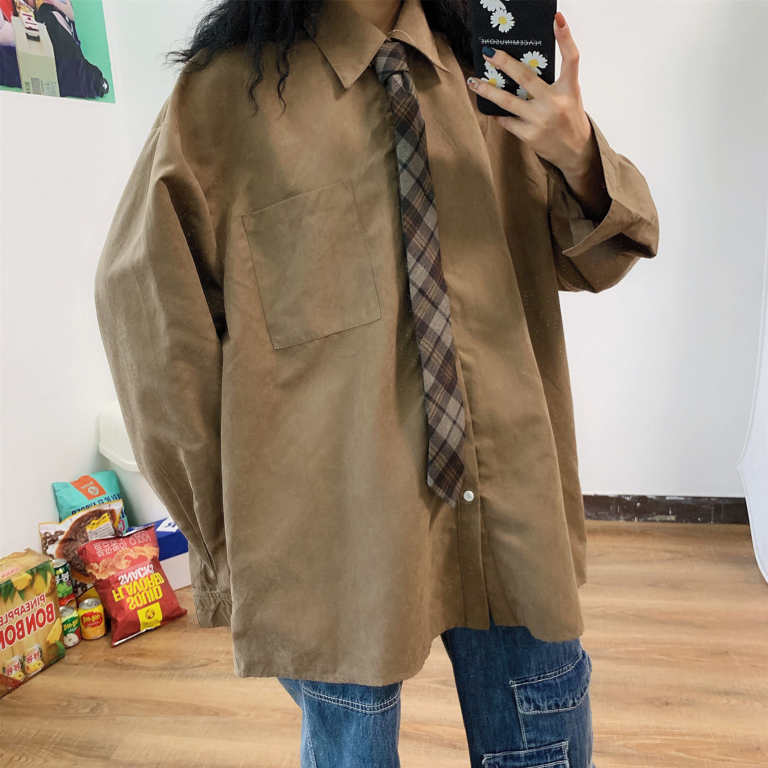 Autumn Vintage Hong Kong Style Long Sleeve Shirt for Women - Loose BF Korean Lazy Style with Tie, Available in 8 Colors