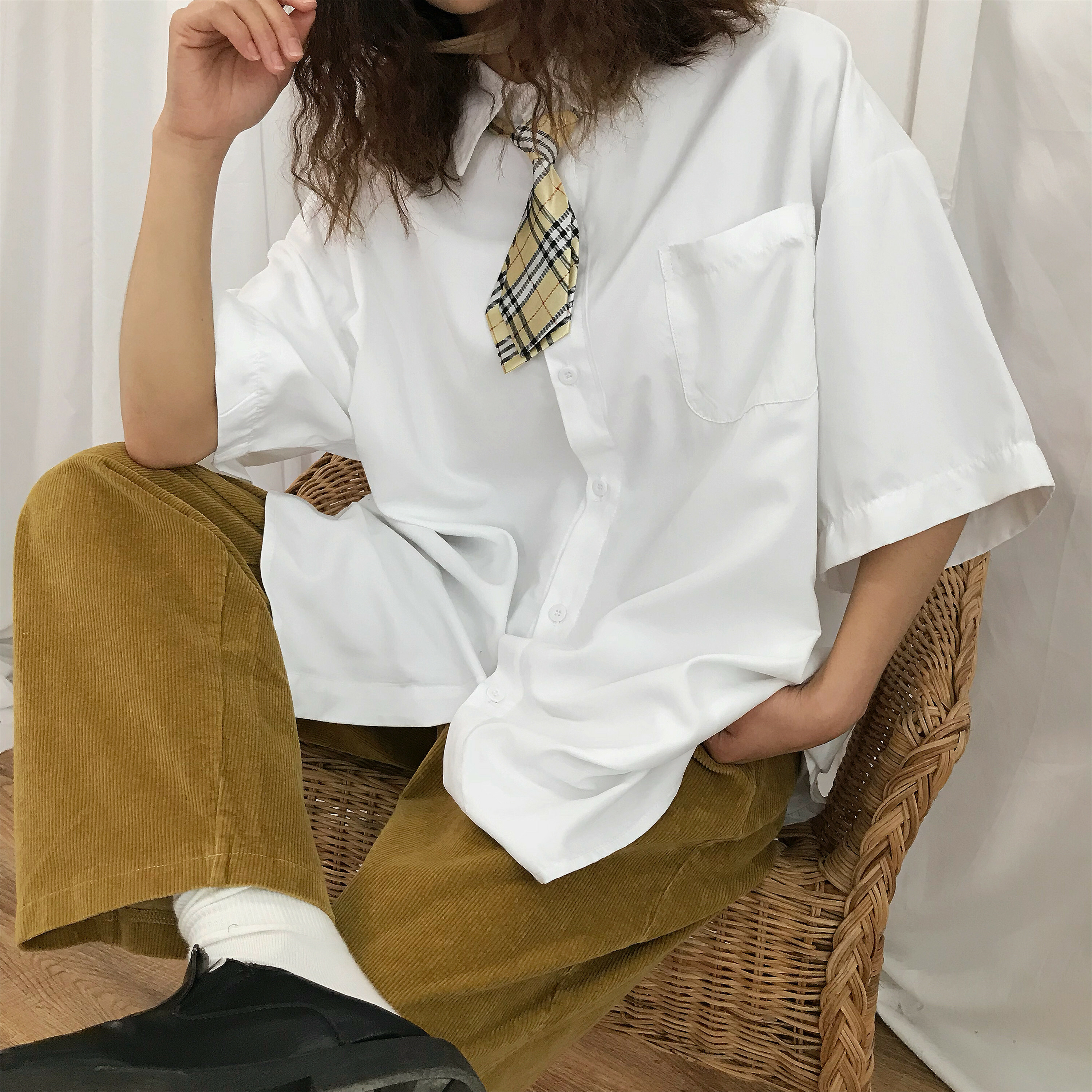 Autumn Vintage Long Sleeve Shirt for Women - Loose BF Korean Style with Tie - 8 Colors Available, Casual White Shirt