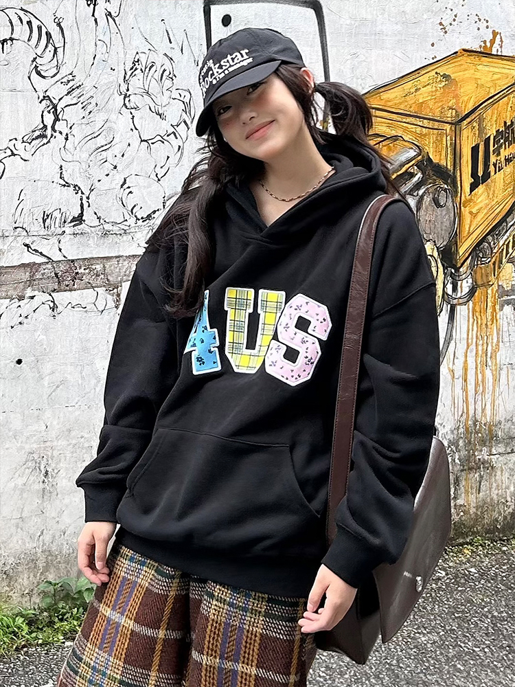 Autumn Winter Patchwork Embroidered Plaid Floral Couple Loose Hoodie Unisex Y2K Style Fashion