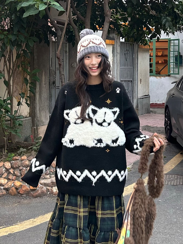 Autumn Winter Plush Jacquard Knitted Sweater for Couples - Versatile National Trend Dog Design, Cozy Fashion Essential