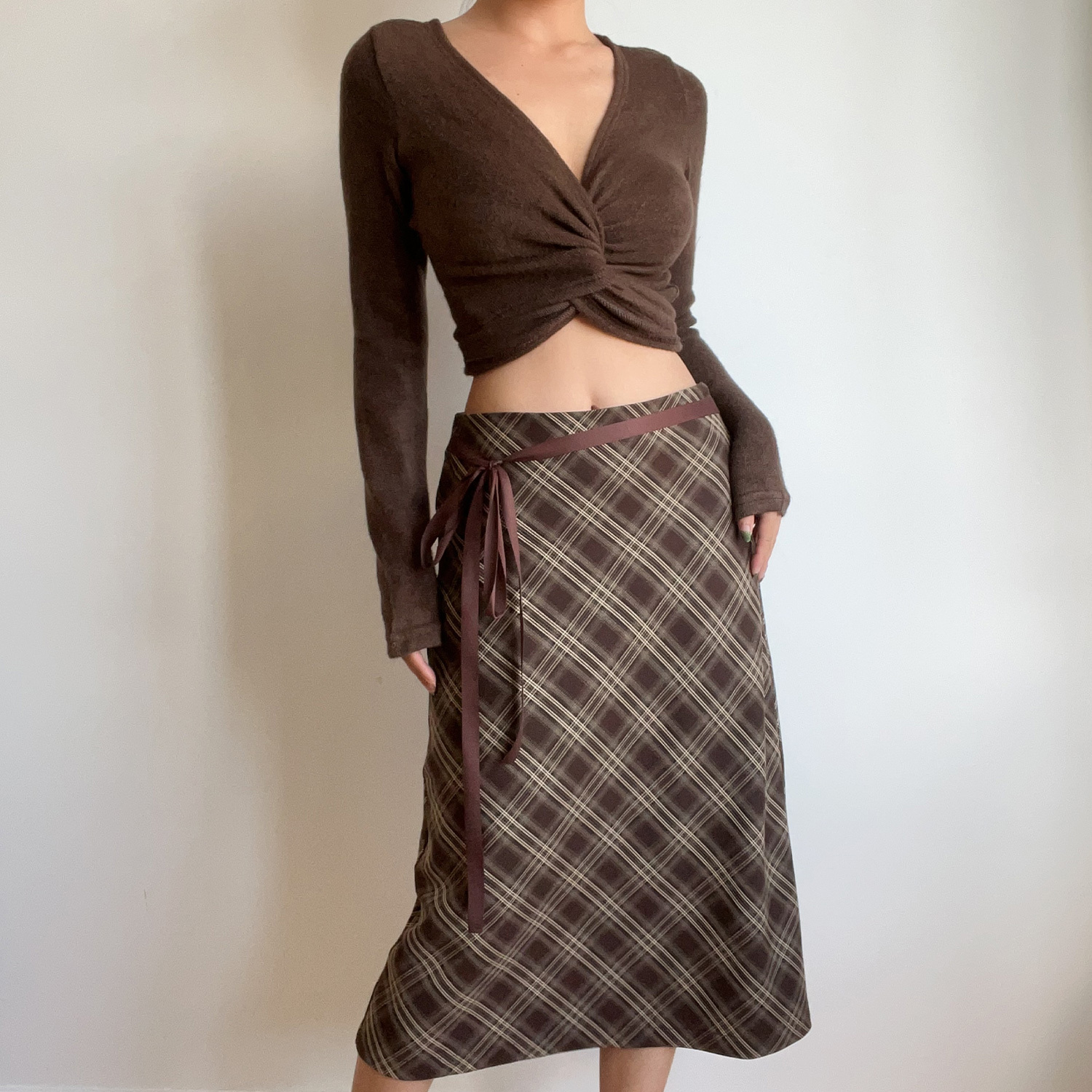 Autumn Winter Retro Plaid High Waist Brown Checkered Midi Skirt with Bow Tie - Cute Long Skirt for Y2K and Vintage Style