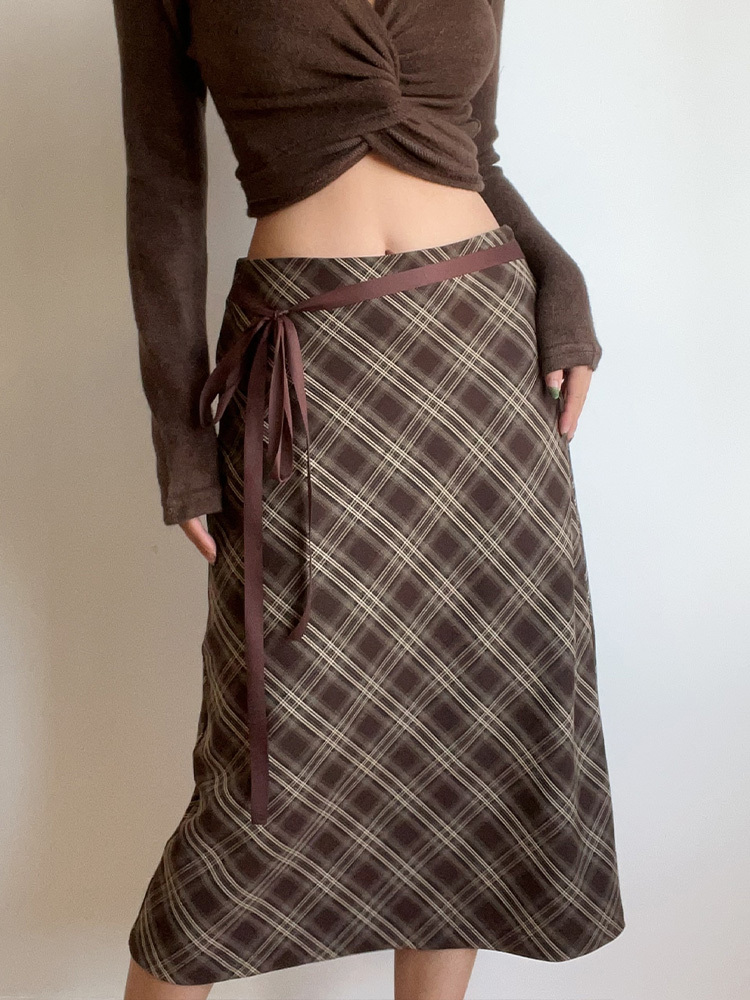 Autumn Winter Retro Plaid High Waist Brown Checkered Midi Skirt with Bow Tie - Cute Long Skirt for Y2K and Vintage Style